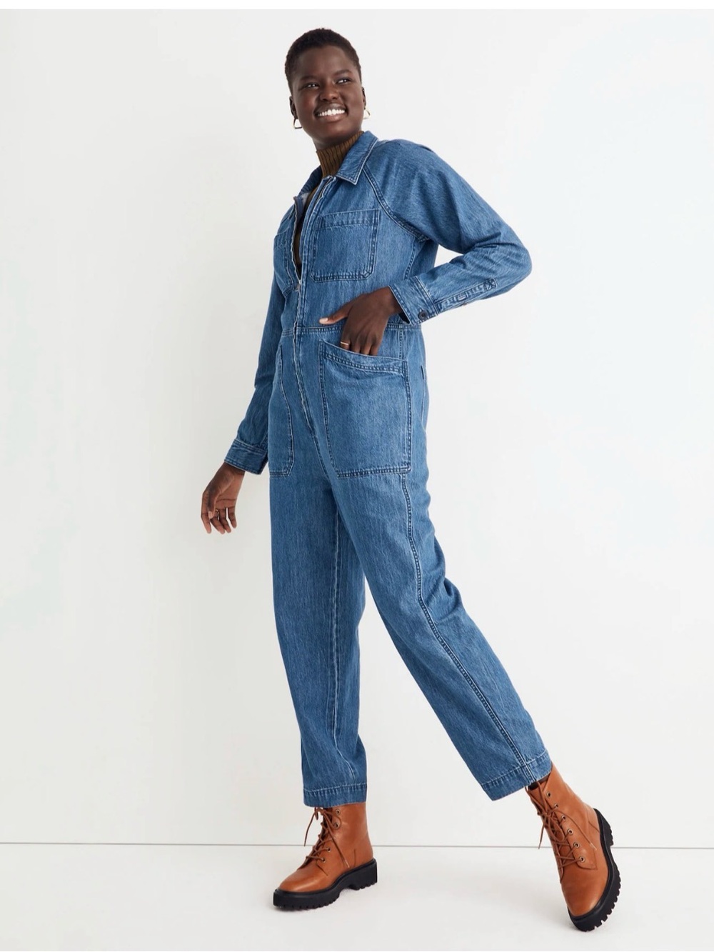 Madewell Curvy Denim Zip-Front Coverall Jumpsuit size small